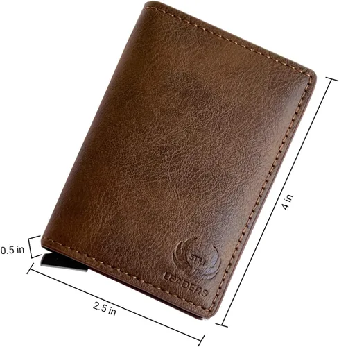 Vista 6 de STM Leaders Tarjetero delgado billetera con bloqueo RFID, cartera de cuero automática desplegable triple cartera de aluminio cartera de visita