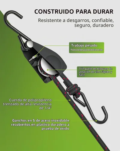 Vista 2 de Trinquete de correas de amarre para kayak de 1/4 de pulgada y 12 pies