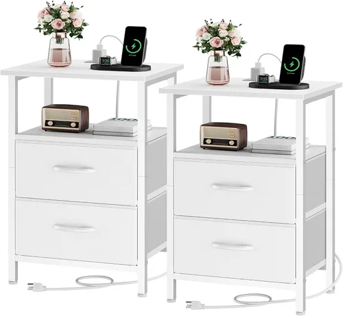 Vista 16 de Vagusicc Nightstand with Charging Station, End Table Bedside Table with 2 Fabric Drawers, Black Night Stand with USB Ports & Outlets, 24.2" Tall Bed