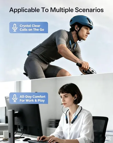 Vista 4 de JL&MI Neckband - Auriculares Bluetooth con batería extra de 1000 horas, con cancelación de ruido, 80 horas de reproducción, auriculares para correr