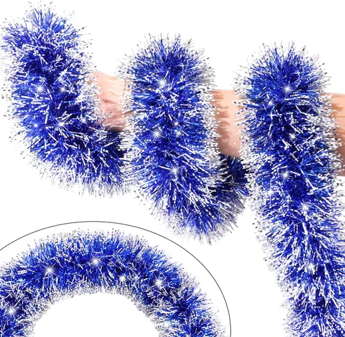 Vista 11 de Guirnalda de oropel azul metálica de 33 pies para árbol de Navidad, guirnalda brillante con torsión para decoraciones de árbol de Navidad, guirnalda