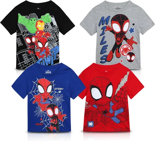 Vista 8 de Marvel Camisetas gráficas de Spider-Man para niños, paquete de 4 camisetas gráficas de Spider-Verse Comic Spidey y Friends para niños pequeños
