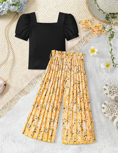 Vista 12 de DONWEN Conjunto de 3 piezas de ropa para niñas pequeñas y niñas con cuello cuadrado + pantalones elegantes + diadema para primavera y verano