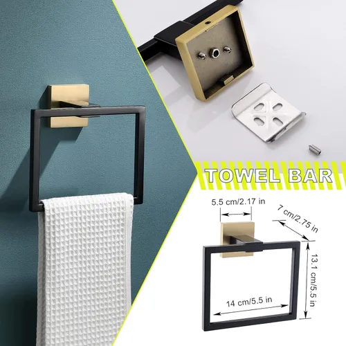 Vista 3 de Juego de 4 soportes para toallas de baño, juego de accesorios de baño de acero inoxidable negro y dorado, montaje en pared, 23.6 pulgadas