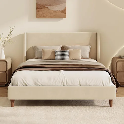 Vista 11 de Base de cama tapizada tamaño Queen, cabecera acolchada de 54" con respaldo geométrico, plataforma tapizada para dormitorio de niños, adolescentes