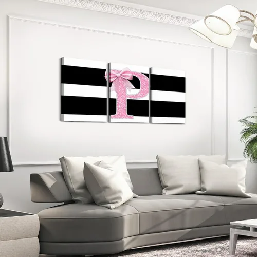 Vista 13 de Erosebridal Lienzo decorativo con monograma de 12 x 16 pulgadas, diseño de letra inicial de lazo rosa, decoración de pared, rayas blancas y negras