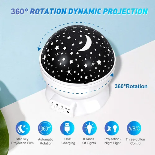 Vista 6 de Luz nocturna para niños, luces nocturnas LED, proyector de estrellas giratorio de 360 grados, 4 LED, 8 colores cambiantes con cable USB, lo mejor