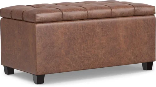 Vista 16 de SIMPLIHOME - Otomana Shiloh de cuero vegano de 48 pulgadas de ancho en color marrón castaño Otomana de transición con tapa capitoné y elevable