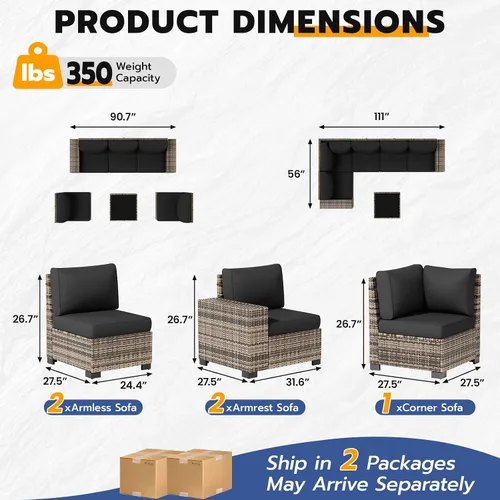 Vista 3 de Juego de muebles de patio, sofá modular de 6 piezas para exteriores con Amarillo-negro oscuro