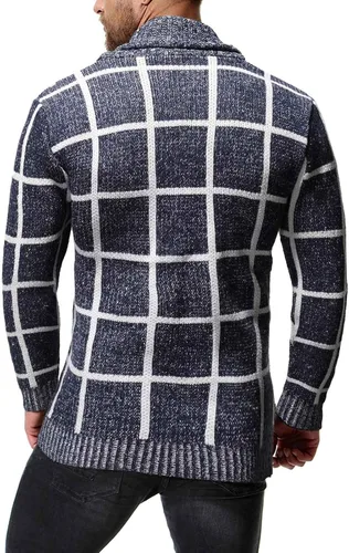 Vista 2 de Ropa de abrigo de punto fresco con frente abierto para hombre, cárdigan de primavera con solapa a rayas de retazos de manga larga suelto