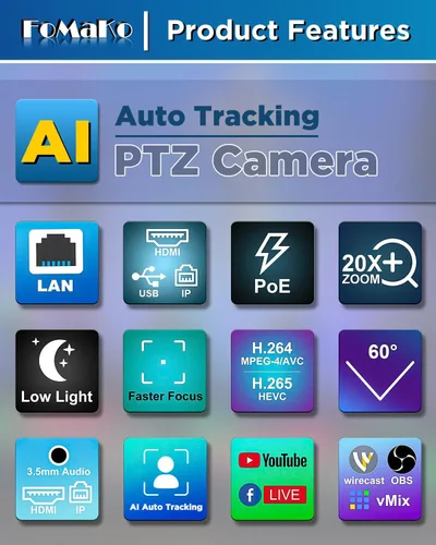 Vista 5 de FoMaKo Cámara HDMI PTZ AI Auto-Tracking Gen 3, zoom óptico 20x IP USB3.0 Cámara HDMI para servicios religiosos, educación de adoración, FMK12UH Pro
