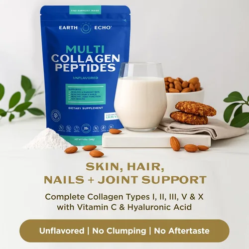 Vista 5 de Earth Echo Paquete revitalizante y Nightcap – Colágeno hidrolizado con vitamina C y ácido hialurónico para piel radiante – Leche dorada orgánica