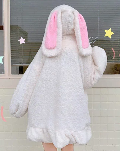 Vista 4 de BZB Sudaderas con capucha de conejo de anime Kawaii para mujer, suéter de conejo mullido y mullido para cosplay, abrigos