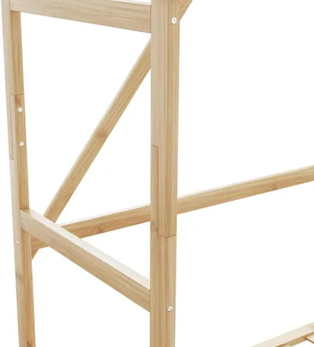 Vista 6 de Perchero de bambú independiente con 3 estantes de almacenamiento y ganchos, soporte de ropa resistente para dormitorio, pasillo, 31.5 x 15.7 x 68.9