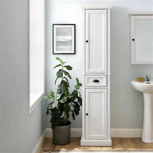 Vista 9 de Crosley Furniture Seaside - Armario de almacenamiento alto de lino y organizador de baño con cajón y estantes, color blanco envejecido