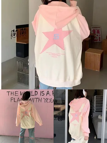 Vista 6 de Suéter con parche de estrella rosa Harajuku para mujer, Y2K, sudadera con capucha y cremallera suelta para niñas
