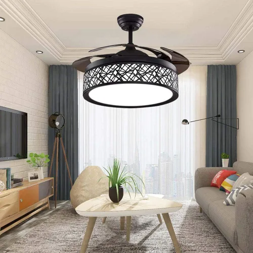 Vista 3 de Ventilador de techo invisible de 42 pulgadas con luz y control remoto, acabado negro, aspas retráctiles, ventiladores con luces LED, 3 cambios