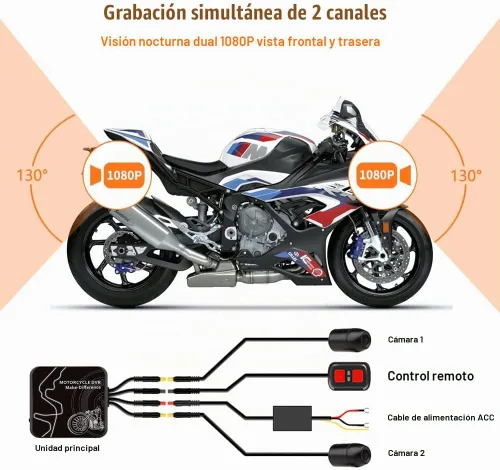 Vista 2 de VSYSTO D6WL - Cámara de salpicadero de motocicleta delantera y trasera, doble 1080P, cámaras impermeables con control de aplicación WiFi, grabación