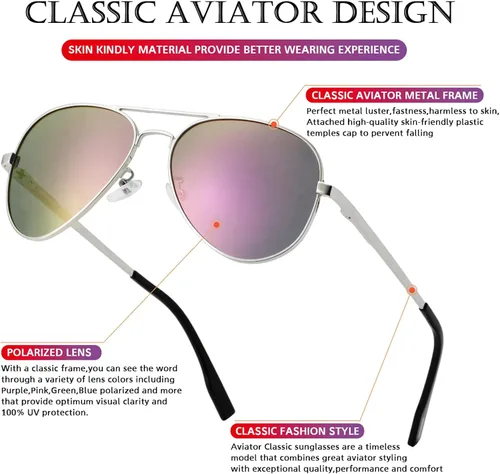 Vista 5 de PORADAY - Lentes de sol polarizados para hombres y mujeres con estilo aviador armazón de metal 100 protección UV400 58 mm