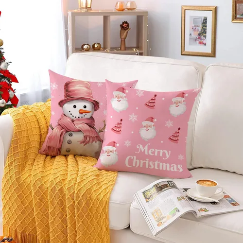 Vista 4 de Fundas de Almohada Feliz Navidad 12x12 Juego de 4 Fundas de Almohada de Terciopelo de Navidad Rosa Navidad Invierno Vacaciones Fundas de Almohada