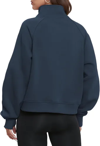 Vista 3 de ATHMILE Sudaderas para mujer, sudaderas cortas con capucha y media cremallera, forro polar, suéter con cremallera de un cuarto, suéter de moda