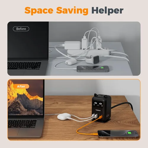 Vista 7 de Bloque de cargador USB C PD 65W, estación de carga TESSAN para múltiples Cargador de torre de escritorio con 4 puertos USB para iPhone 17/16/15 Negro