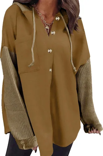 Vista 28 de SHEWIN - Sudadera de gran tamaño para mujer, de ajuste holgado, casual, manga larga, con botones, con capucha y bolsillos a gris
