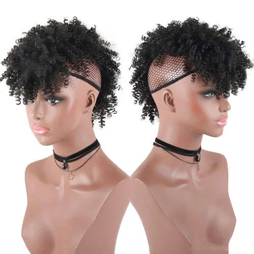 Vista 2 de Aisaide Cola de caballo afro Mohawk alta con flequillo sin cordón, extensión de cola de caballo corta rizada sin cordón, clip sintético en moño