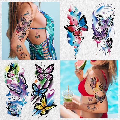 Vista 4 de Cerlaza 79 hojas de tatuajes de mariposa 3D temporales realistas para mujeres adultas, tatuajes falsos de acuarela, calcomanías temporales