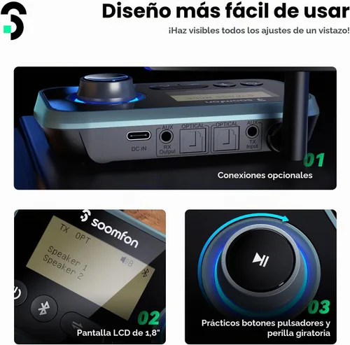 Vista 5 de SOOMFON Transmisor Bluetooth para TV 3 en 1, receptor transmisor Bluetooth 5.0 para TV a 2 auriculares con pantalla LCD volumen ajustable