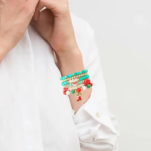 Vista 4 de LALAPPLE Preppy Heishi - Pulseras elásticas de cuentas de arcilla para mujer, apilables de perlas doradas, pulseras con cuentas de ojo malvado