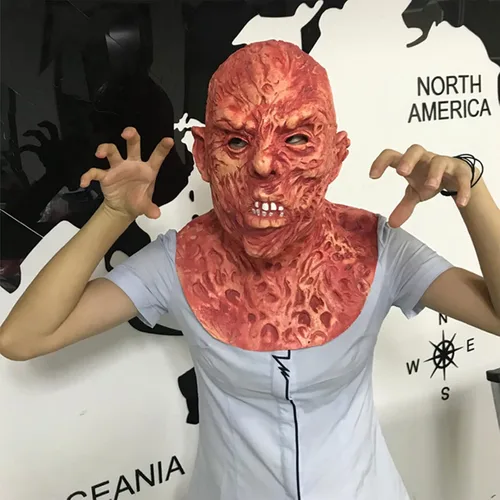Vista 4 de Máscara de disfraz de Freddy Krueger para Halloween, disfraz de hombre muerto espeluznante, cabeza completa, máscaras realistas para adultos