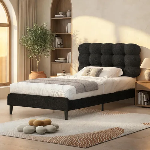 Vista 10 de Base de cama individual BarnFurin con cabecera tapizada, tela suave tipo bouclé, cama plataforma con fuerte soporte de listones de madera, diseño