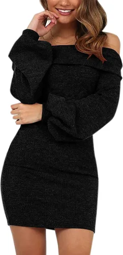 Vista 2 de olinase Vestido de punto de manga larga con hombros descubiertos, estilo bodycon elegante
