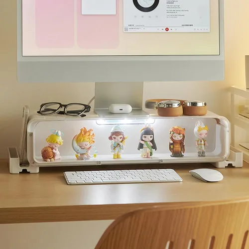 Vista 7 de Soporte Elevador para Monitor Pequeño, Soporte para Monitor de Computadora con Cajón y Minifiguras de Exhibición, Soporte de Escritorio