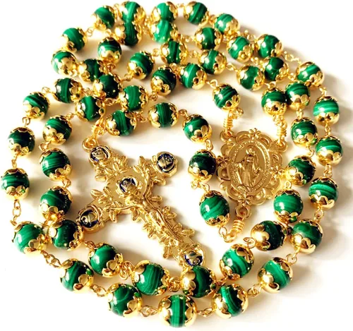Vista 9 de elegantmedical Hecho a mano, chapado en oro de 18 quilates, sin duda, rosario de malaquita, collar de cuentas de oración, regalo católico y caja