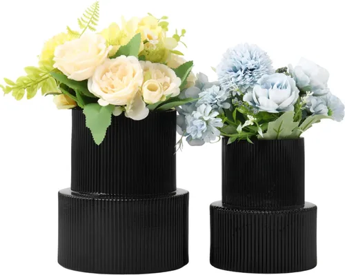 Vista 36 de Jarrones de vidrio acanalado, juego de 2 jarrones estriados para flores, florero de vidrio ámbar para tulipanes, jarrón moderno para sala de estar