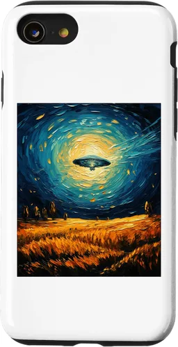 Vista 13 de iPhone 14 Funny paint Alien UFO Lover Starry Night Alien UFO Van Gogh Case