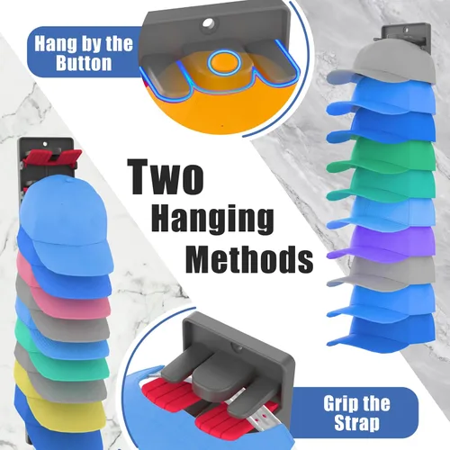 Vista 4 de Organizador de sombreros para gorras de béisbol, paquete de 2 con clips de resorte integrados, soporte de pared para sombreros de armario
