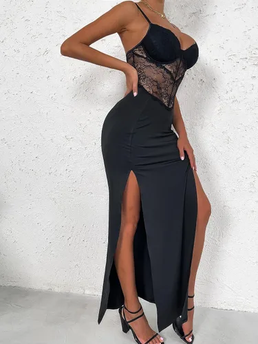 Vista 4 de SOLY HUX Women's Sexy Lace Trim Split Hem Spaghetti Strap Cami Dress Long Maxi Dresses