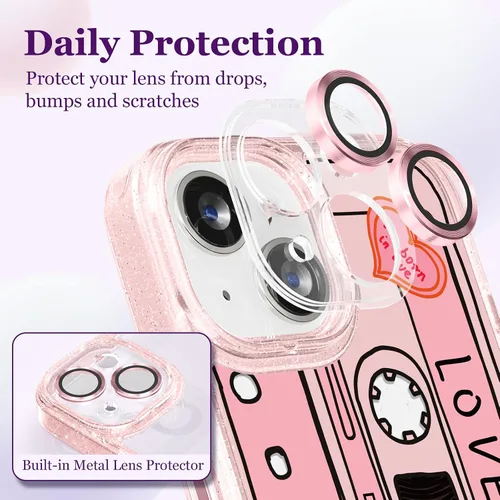 Vista 2 de Compatible para iPhone 13 Funda Bonita Estética - Funda para Teléfono Rosa con Purpurina con Protector de Cámara - Diseño de Cubierta