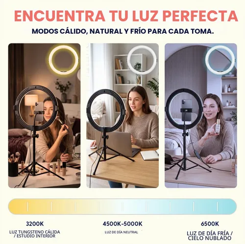 Vista 2 de SQUATZ Anillo de luz LED de 11 pulgadas para selfie de 12 W con control por cable, 3 modos de color, 10 niveles de brillo, soporte de trípode con 6