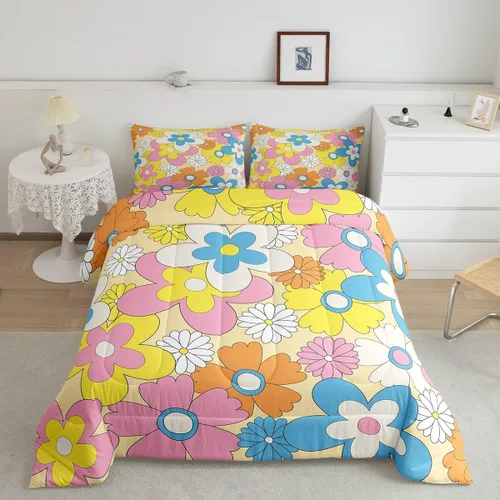 Vista 18 de Juego de ropa de cama con estampado floral bohemio, tamaño individual, diseño retro de flores groovy, 60S y 70S, juego de edredón de flores hippie