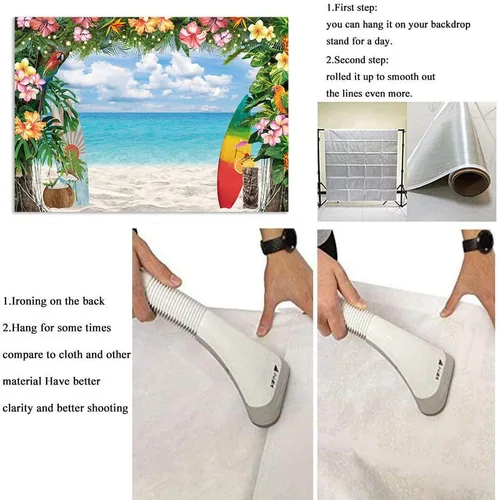 Vista 6 de Fondo de playa hawaiana para verano, flores tropicales, fondo de fotografía Luau, tabla de surf, cielo azul, hojas de palma, Aloha, decoraciones