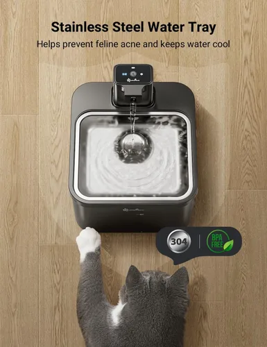 Vista 5 de DownyPaws Fuente de agua para gatos de acero inoxidable inalámbrica, 84 oz/2.5 L Fursink fuentes de agua inalámbricas para mascotas para gatos