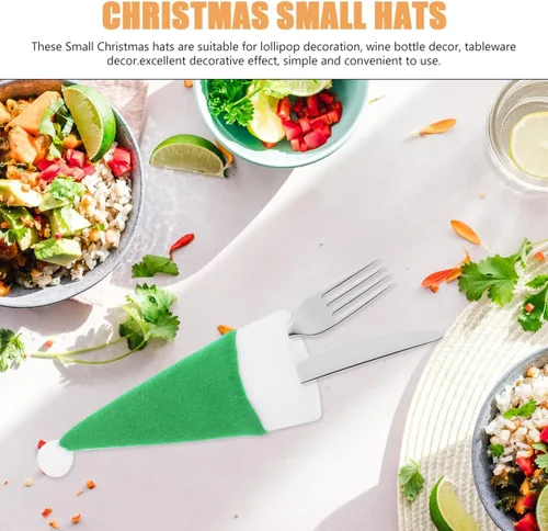 Vista 2 de Angoily 10 piezas de mini sombreros de Papá Noel de Navidad, soportes para cubiertos con bolsillos, tapas de botellas de vino, tapas de piruleta