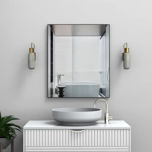 Vista 31 de Espejo de pared con estante para baño, 28 x 18 pulgadas, marco negro, espejos de pared para colgar horizontal o vertical, espejos modernos de pared