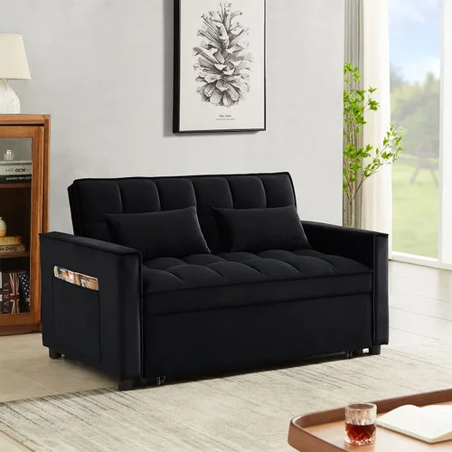 Vista 3 de JEEOHEY Sofá cama extraíble, sofá cama convertible moderno de terciopelo de 55 pulgadas, sofá cama pequeño con 2 almohadas y bolsillos laterales