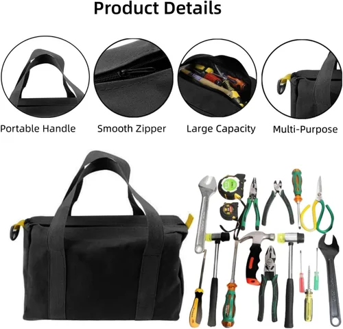 Vista 3 de Bolsa de herramientas de boca ancha de 12 pulgadas, bolsa de herramientas de lona, bolsa de almacenamiento de herramientas resistente, bolsa
