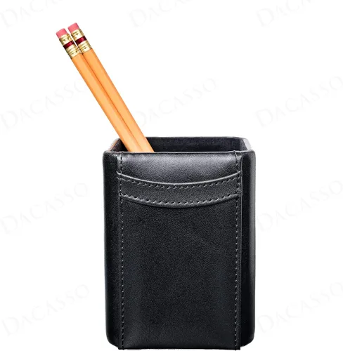 Vista 3 de Dacasso Portavasos clásico de cuero negro para lápices/bolígrafos para escritorio, decoración ejecutiva de lujo y organización de oficina esencial